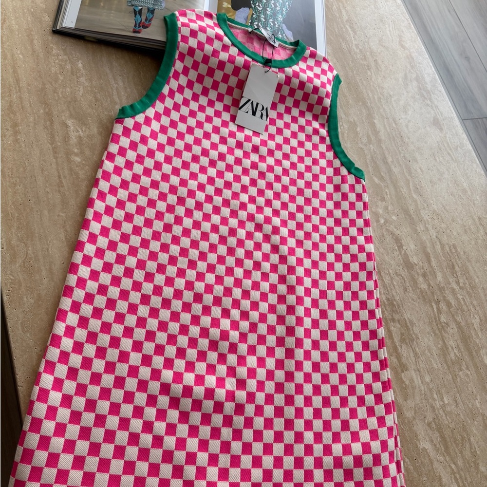 Zara Vibrant Pink and Cream Checkered Dress
